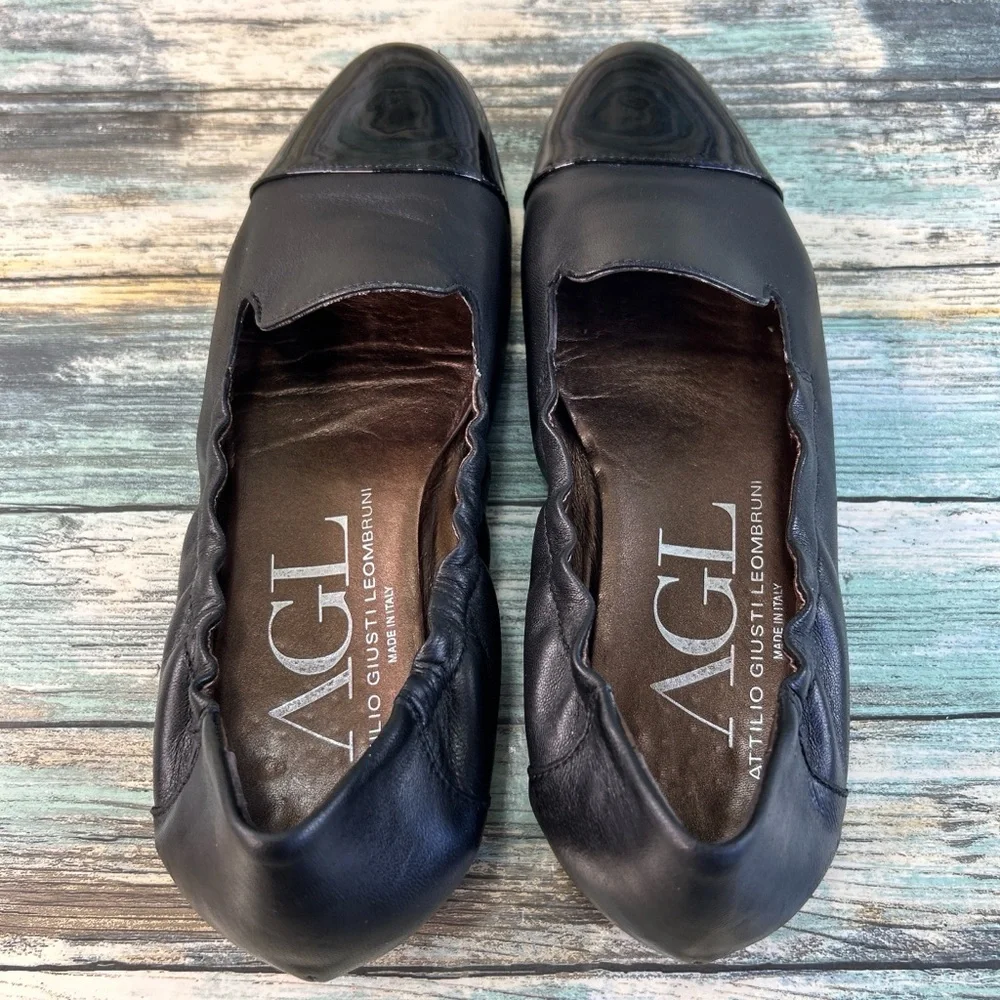 AGL Patent Cap Toe Ballet Flats Womens 8 Black Leather Stretch Trim Dress Shoes